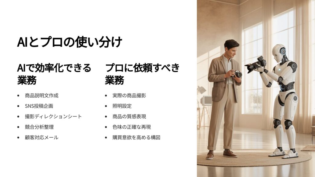AIで効率化できる部分と、プロの撮影技術が必要な部分